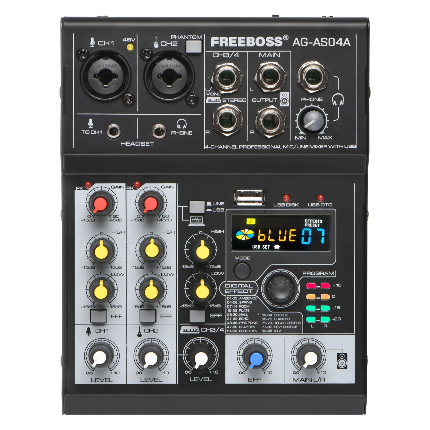 FREEBOSS AG-AS04A 4 채널 DC 5V Bluetooth 모바일 컴퓨터 USB 재생 및 기록 88 DSP 효과 Echo Reverb 개인 오디오 믹서