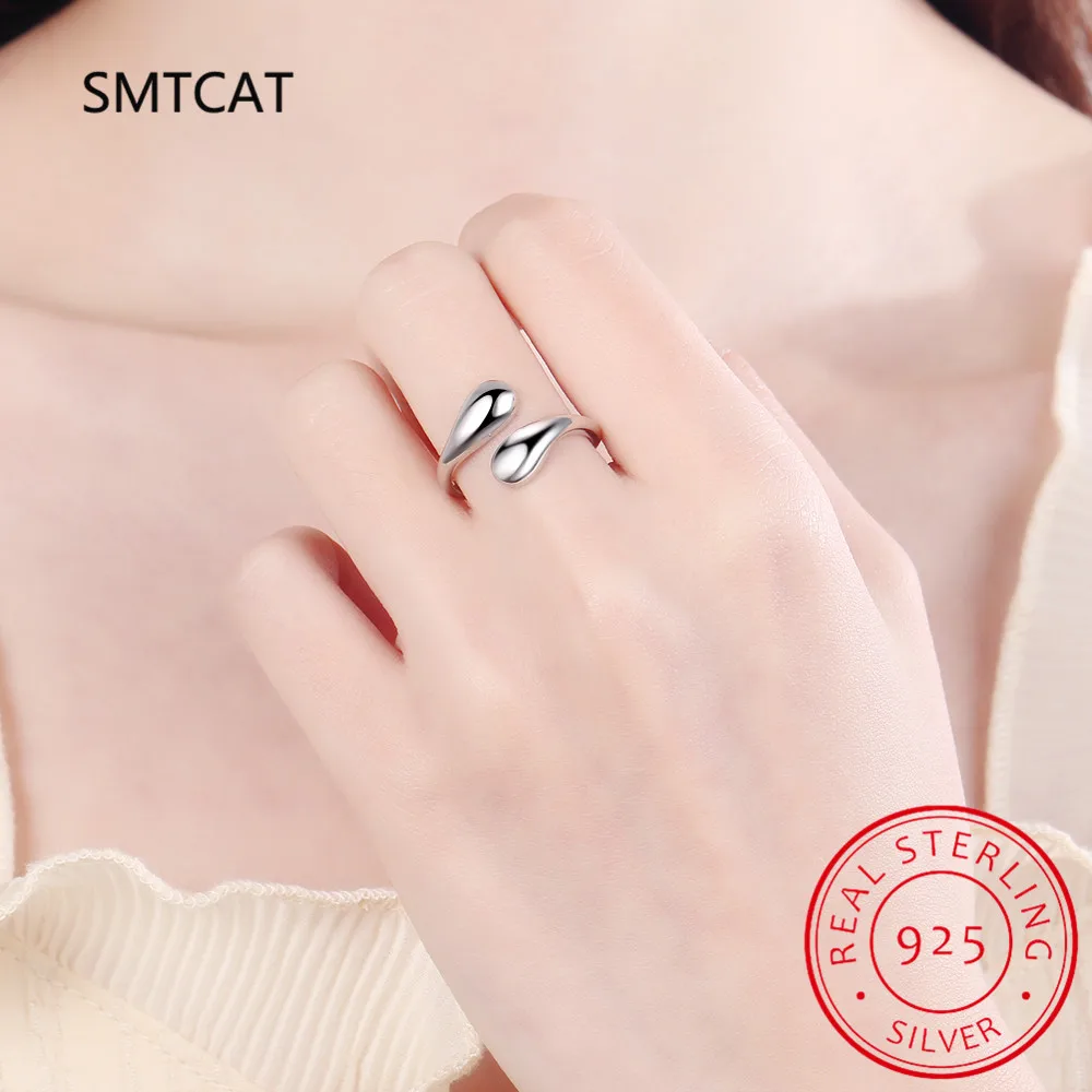 925 Sterling Silver Chunky Adjustable Water Droplet Ring Handmade High Polished Thumb Band Statement Ring Anillos for Women Girl view 5