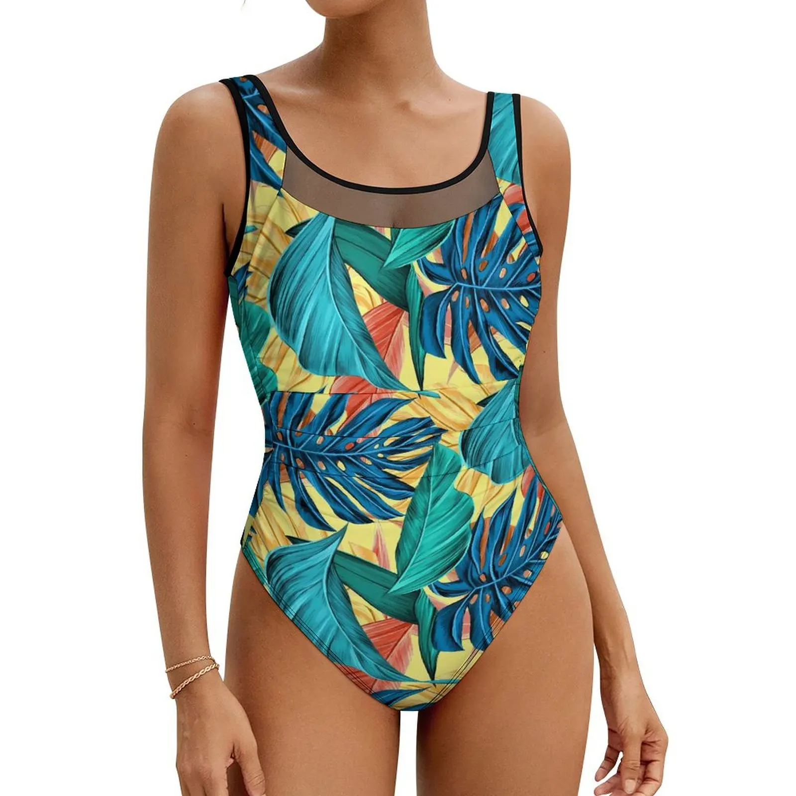 Tropical Leaf Swimsuit Sexy Lemon Yellow One Piece Swimwear Push Up Bodysuit Modern Holiday Rave Bathing Suit