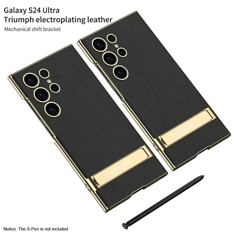 For Samsung Galaxy S24 Ultra S23 Ultra Bracket Case GKK Quality Electroplating Leather Camera Protection Phone Cover