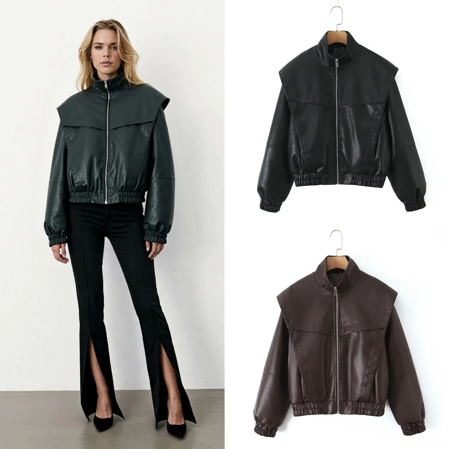 

2025 New Women Stand Collar Long Sleeve Leather Pilot Jacket Loose Casual Jacket Black Brown Multi Color Options