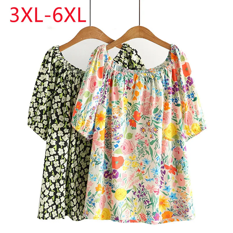 

Extra large Womens 2022 summer new slim cotton off shoulder floral Short Sleeve Plus Size T-Shirt Top 3XL 4XL 5XL 6xl