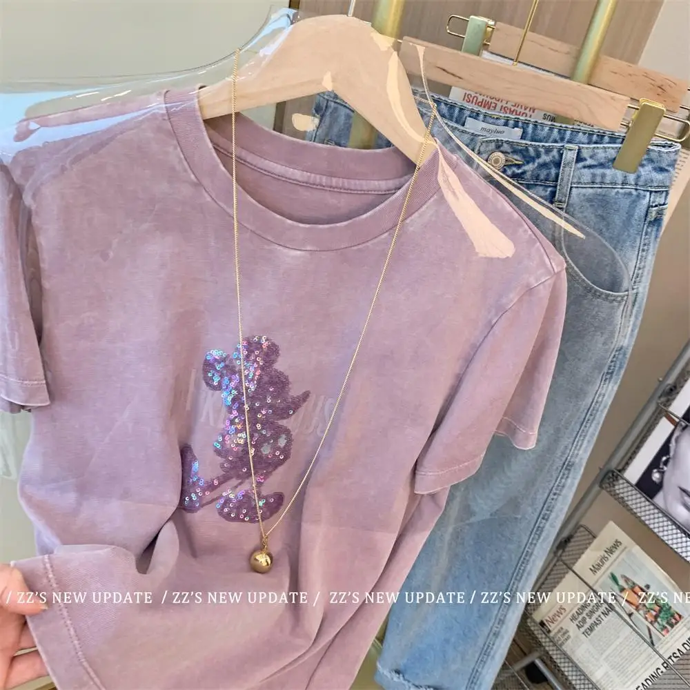 Disney Cartoon Embroider with Sequined Children T-shirt Summer Purple Tshirt for Boys and Girls Harajuku Aesthetic Children Top