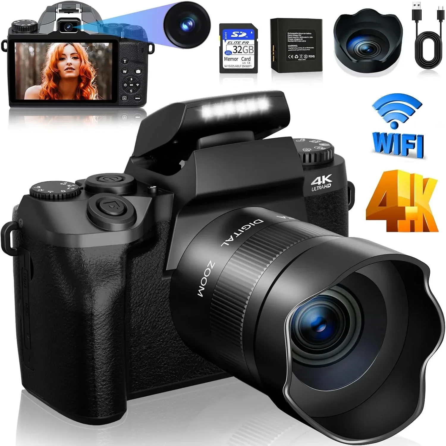 

4K Digital Camera for Photography 64MP WiFi Vlogging Video Camcorder YouTube Auto Focus 4″ Touch Screen DSLR Cameras with Flash