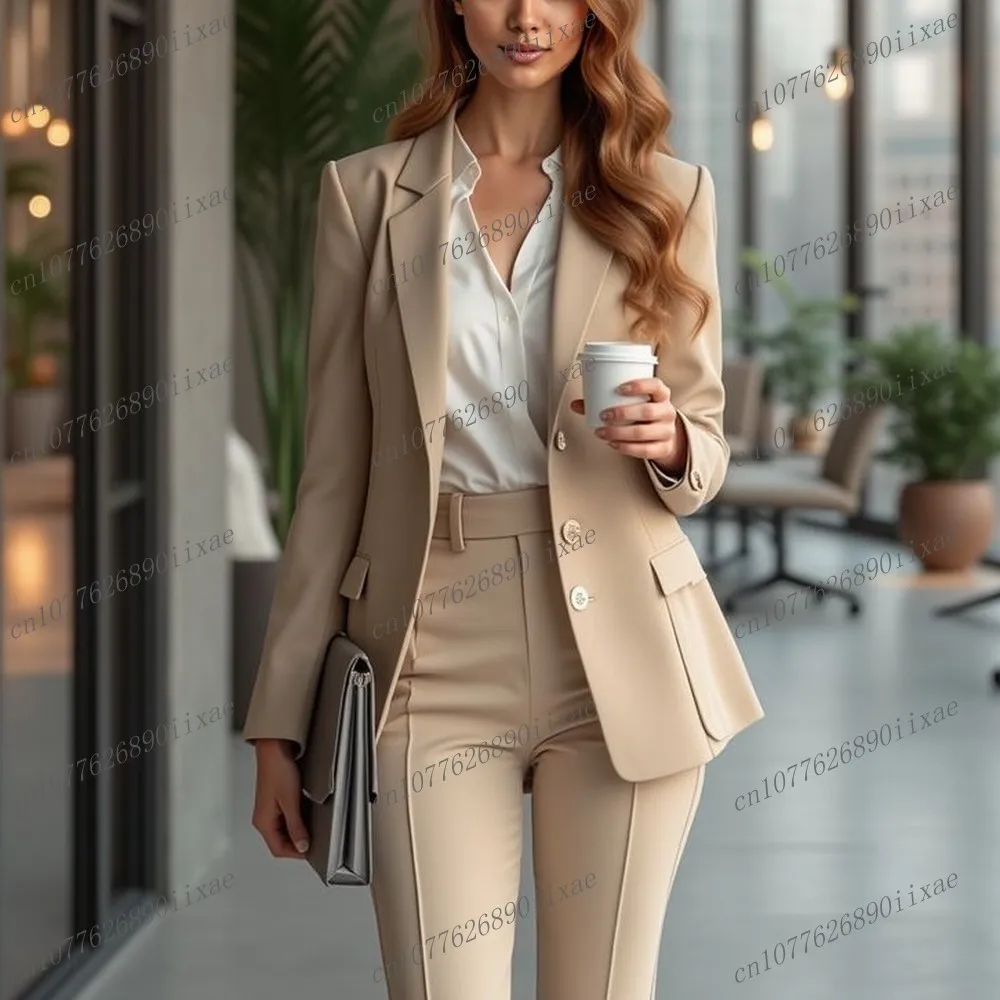 

New Beige Women Suits Lady Formal Business Tuxedos Mother Wedding Party Special Occasions Ladies 2 Piece Set Jacket Pants