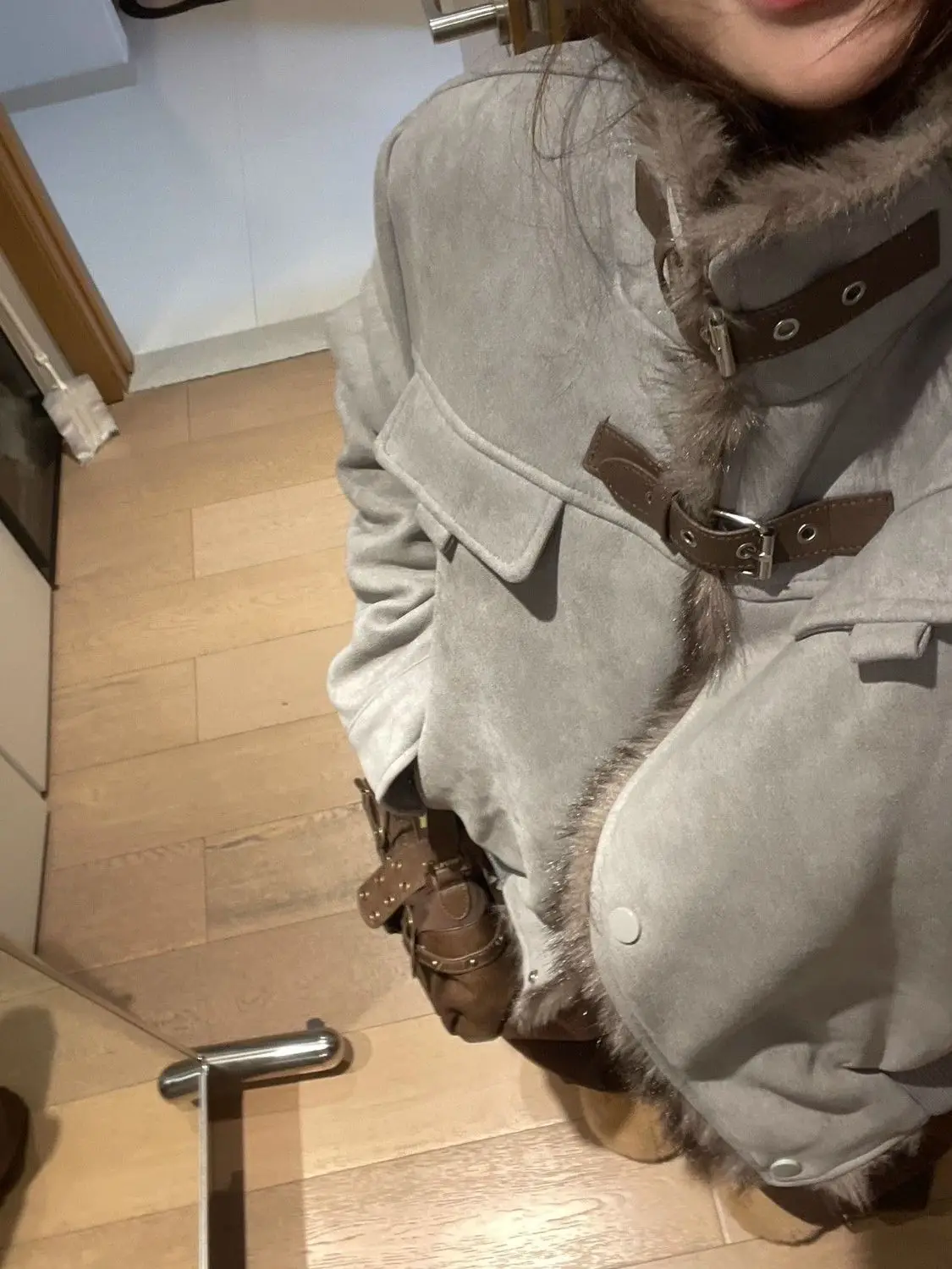 

Spliced Stand Collar Fleece-Lined Loose Casual Thickened Layered Autumn Winter Short Jacket