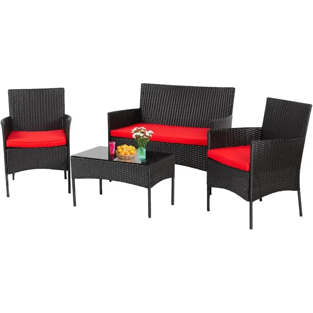 4-Piece Outdoor Patio Furniture Set with 3 Rattan Chairs and Tempered Glass Table, Water-Resistant, Includes Seat Cushions, Idea