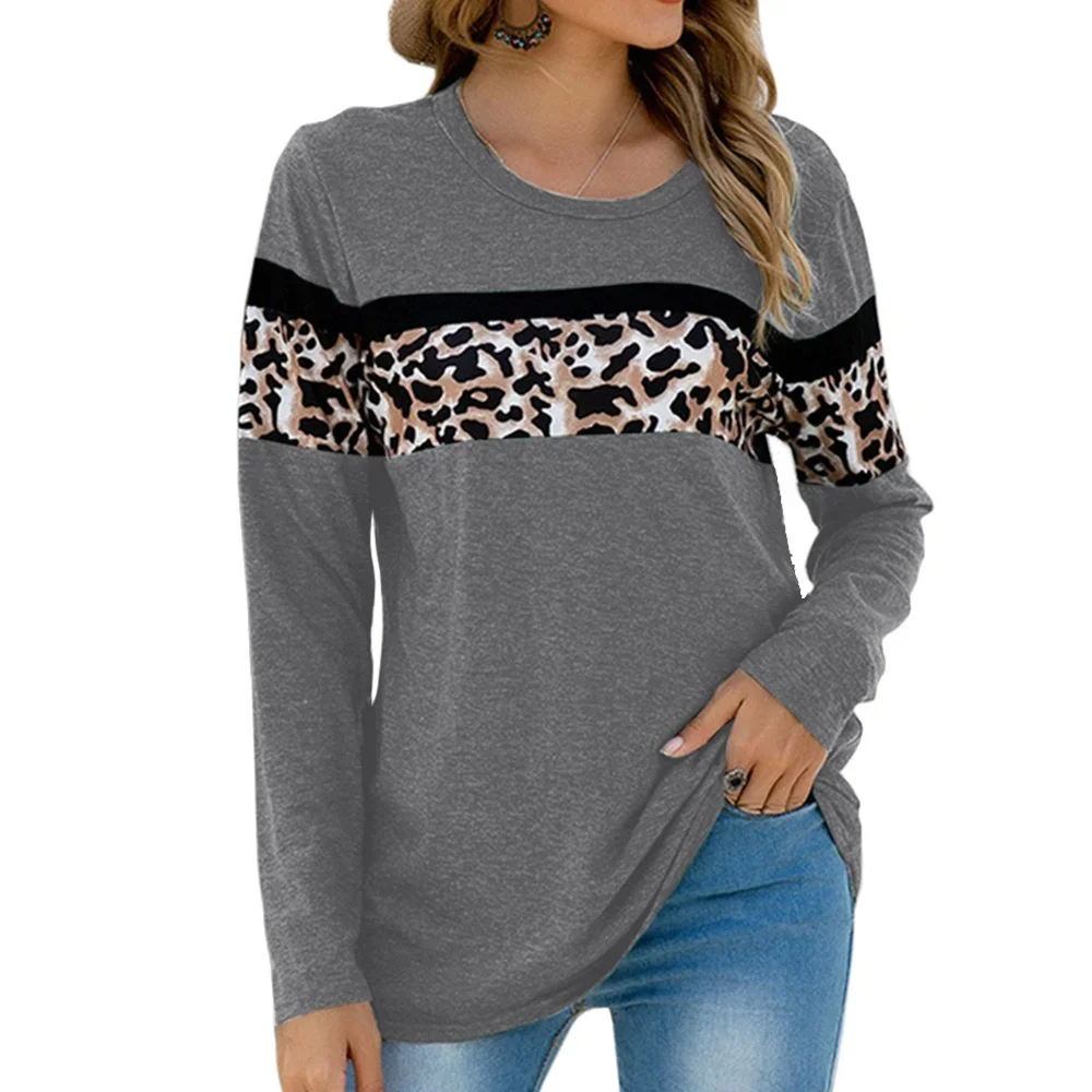 Camiseta de cuello redondo con estampado de leopardo para mujer, Jersey informal de manga larga, Tops sueltos, moda de primavera y otoño