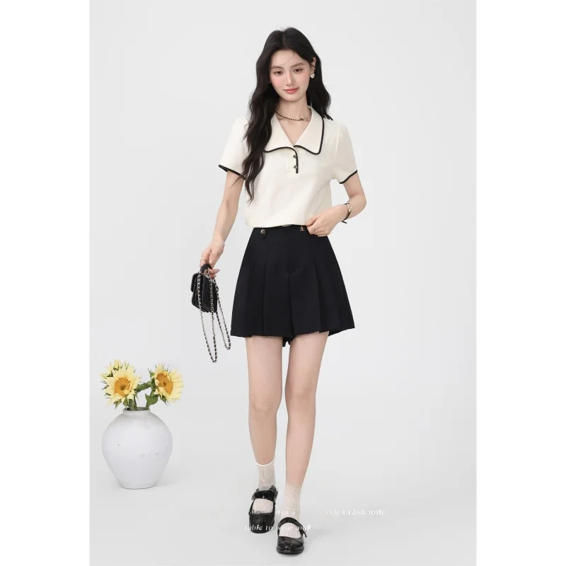 

Черные повседневные брюки с высокой талией и широкими штанинами, женские пригородные плиссированные брюки трапециевидной формы, лето 2025, новинка Sle Zhaang Qingui