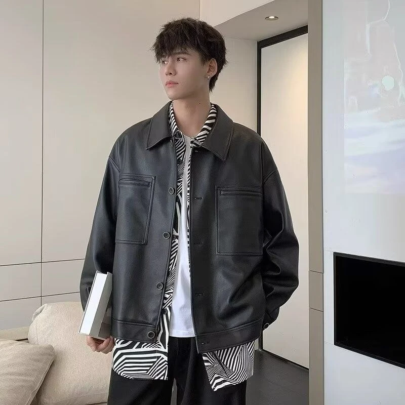 

Retro Hong Kong Style Men's PU Leather Jacket Vintage Collared Biker Coat Casual Streetwear Essentials​