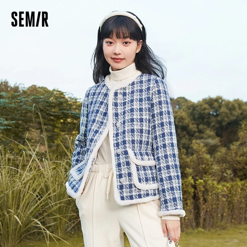 Semir Coat Women Cotton-Padded Warm Plaid Texture Elegant 2024 New Winter Fashion Loose Jacket