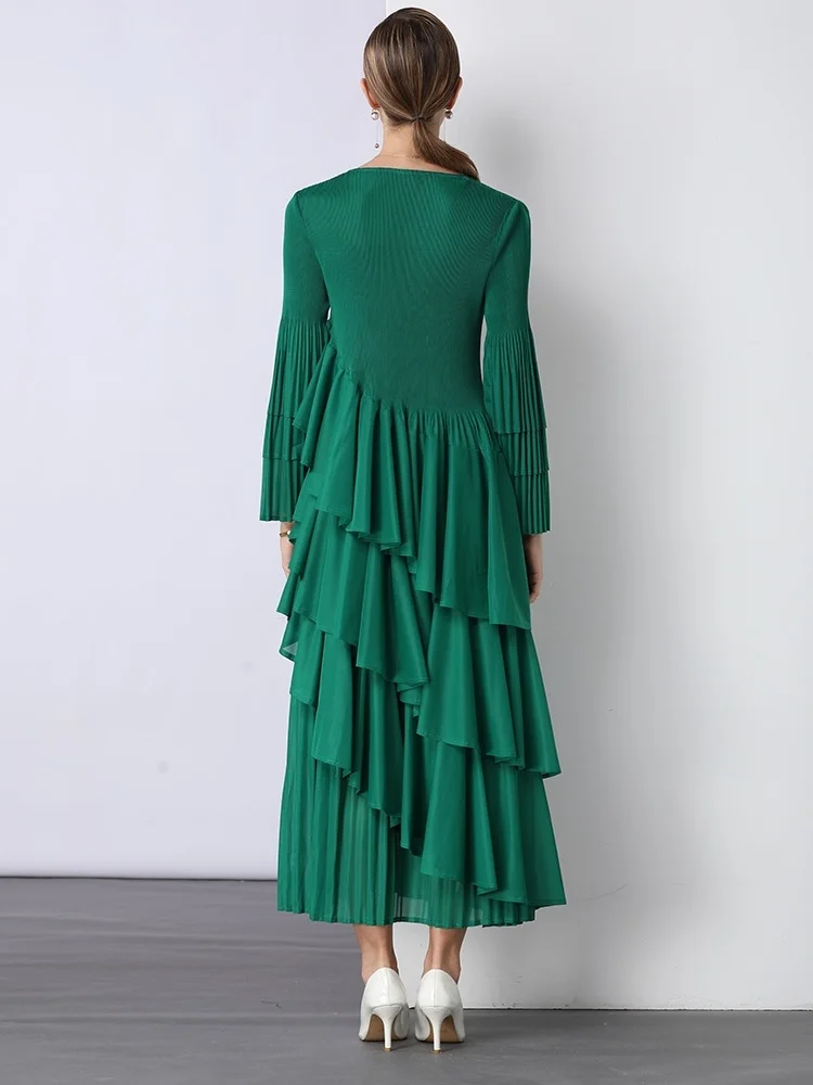 New Spring Autumn Pleated Women Dress Women Full Flare Sleeve Spliced Ruffles O-Neck Evening Party Dresses Elegant Lady Clothing