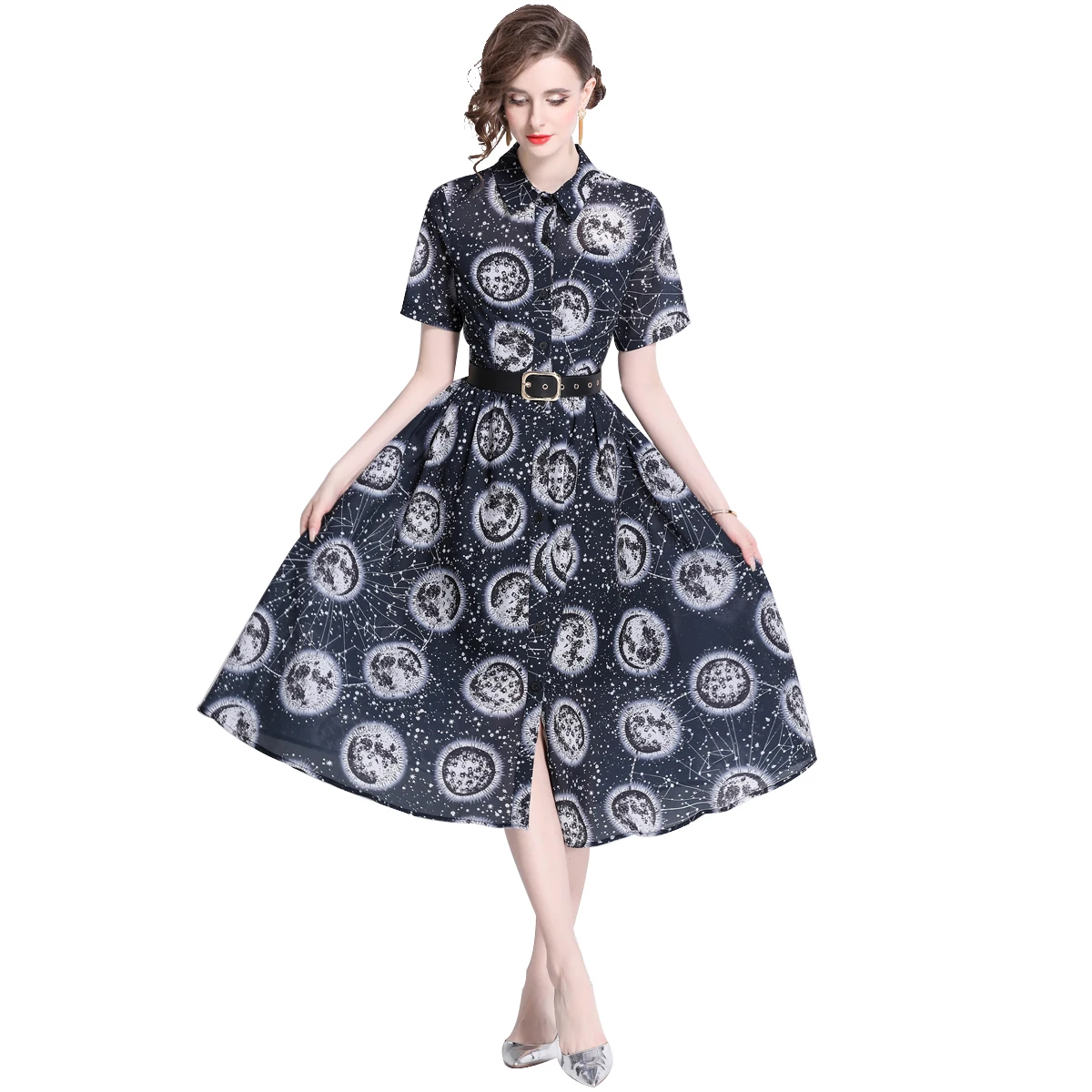 Vintage Runway Sommer hemd Kragen Kleid für Frauen Einreiher Blumen druck Kurzarm schwarz Chiffon Midi Kleid mit Gürtel