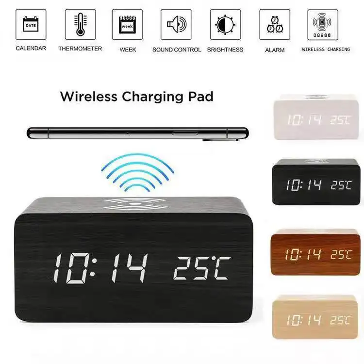 Wireless charging LED clock creative electronic wooden alarm clock luminous voice control thermometer desk clock