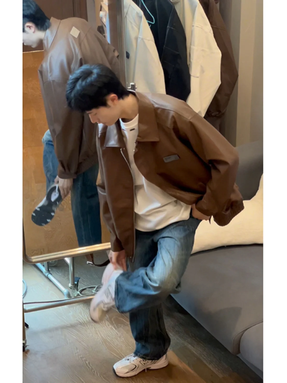 

Retro Brown Leather Jaet Men's Spring Autumn American Sle Detroit Collar Motorcycle Riding Clothes Loose Fit PU Fabric