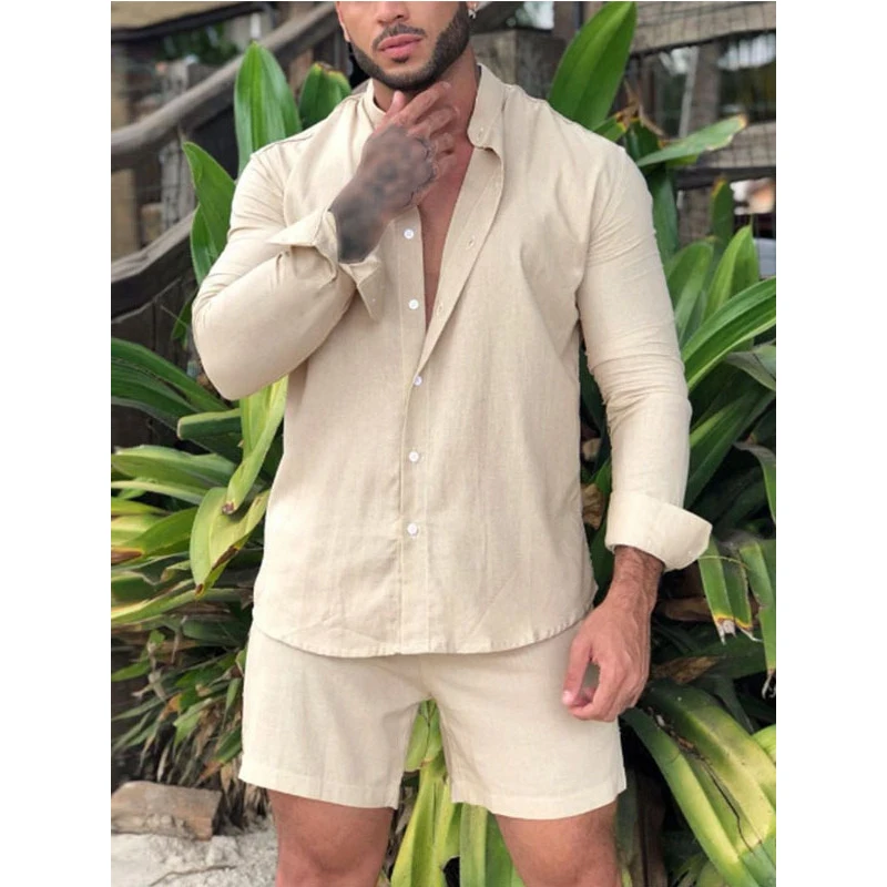 Men's Casual Cotton And Linen Sets Loose Fitting Long Sleeved Shirt + Shorts Two Piece Set Men Soild Elegant Suit