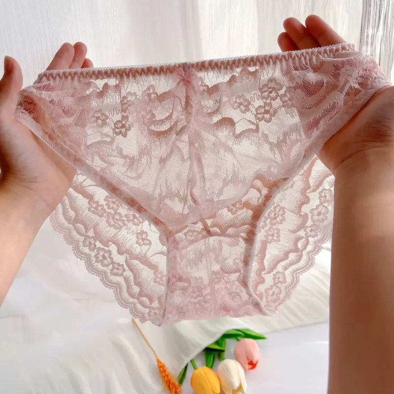 See Through Sexy Hollow Out Lace Convex Pouch Men's Underwear Sweet Bow Triangle Pants Cross-dressing Sissy Lingerie