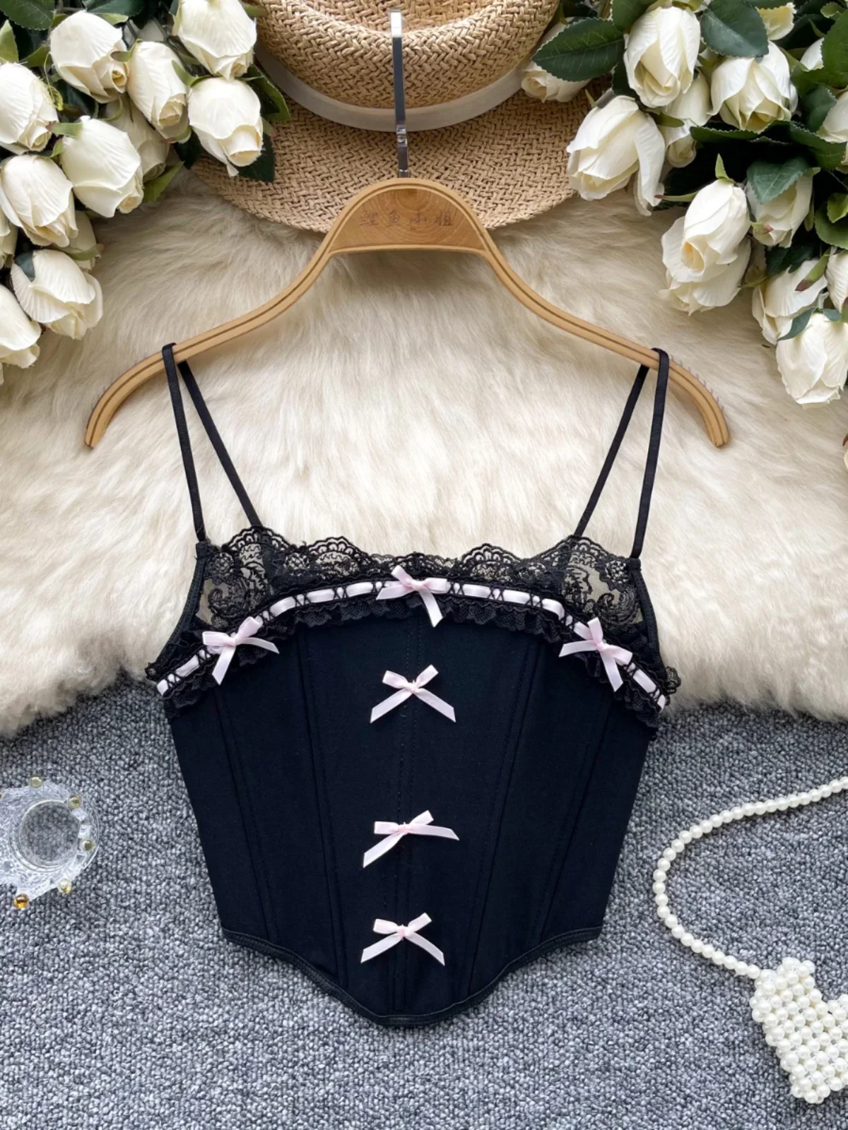 Foamlina Sweet Camisole Strapless Bustier Vest Women's Summer Bow Lace Patchwork Fishbone U-shaped Hem Top Corset Top