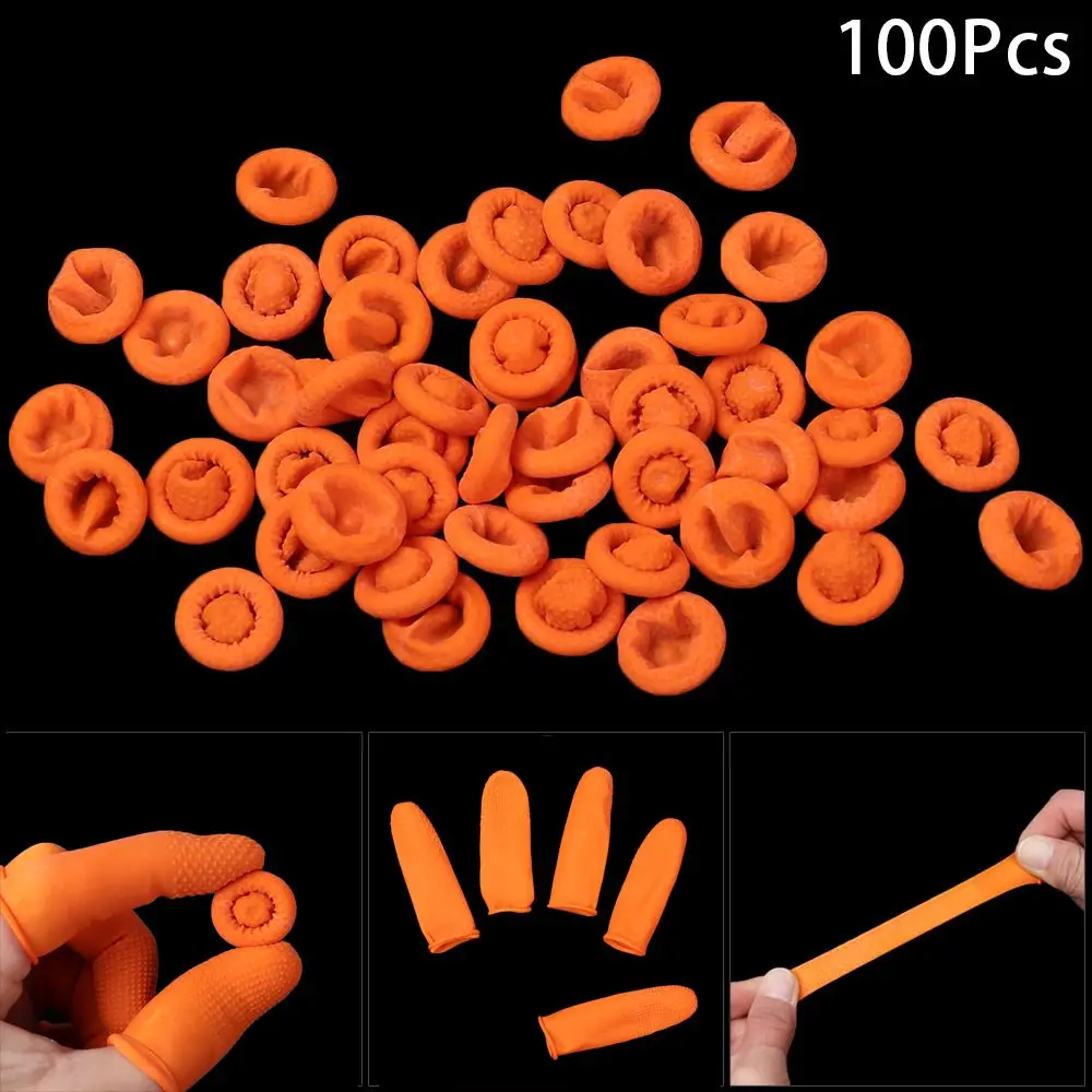 100PCS Non-slip Fingertip Protective Natural Latex Rubber Gloves Orange Finger Cots Finger Cover Protector Gloves