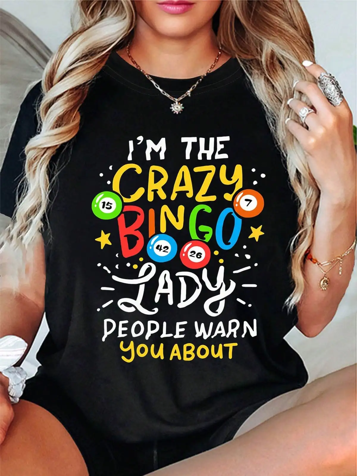 The Crazy Bingo Lady Image Highlights The Fun Of Text Communication And Personal Identity. This Stylish Casual Printed Women'S Round-Neck T-Shirt Says, 'I'M THE CRAZY BINGO LADY PEOPLE WARN YOU ABOUT.',Suitable For All Seasons, Everyday Wear For Wome