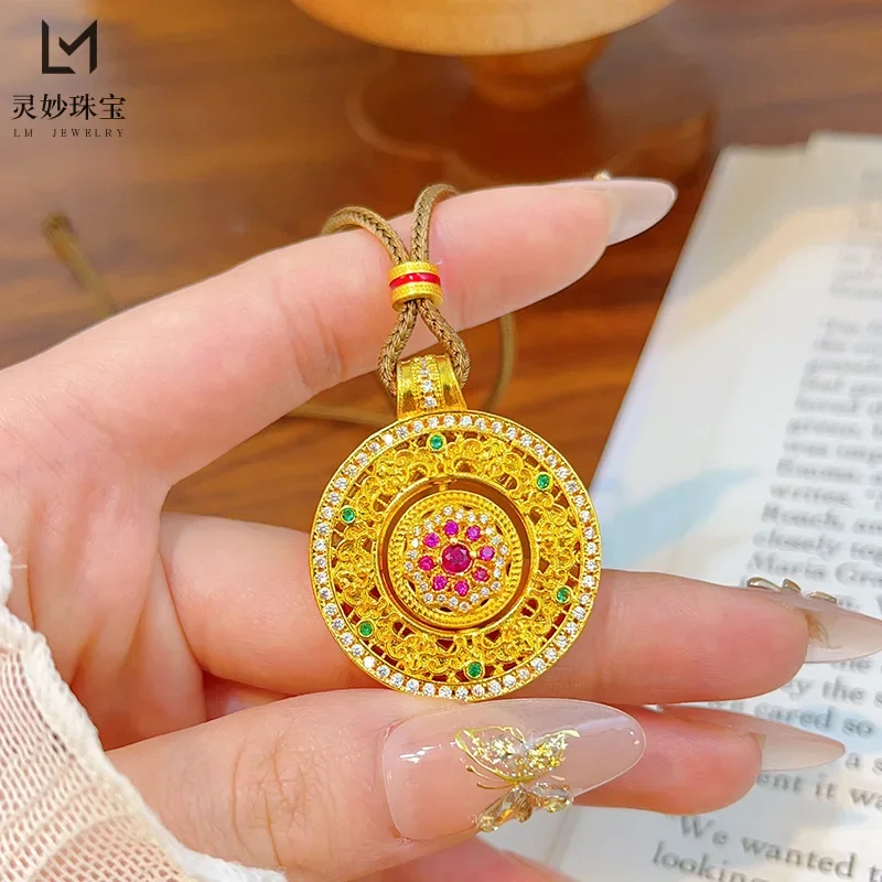 Luxury fashion 9999 24K real gold namel dot diamond silk compass pendant necklace rotatable Ruyi disc pendant