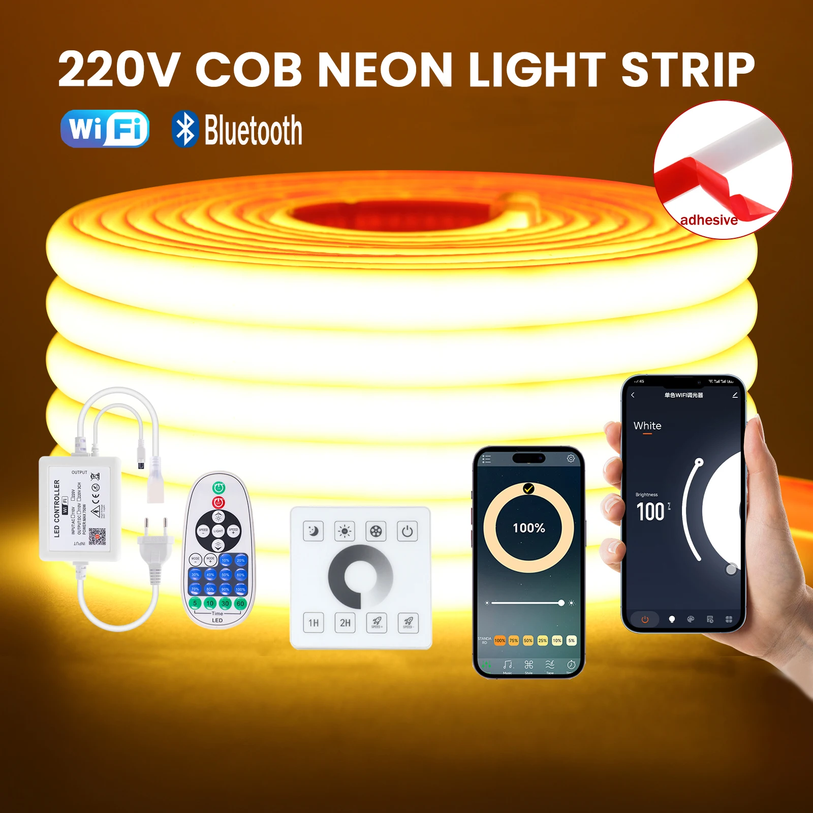 

220V Dimmable COB LED Neon Light Strips Adhesive 288LEDs/M Waterproof WiFi Bluetooth Wall Touch Remote Control Flexible Ribbon