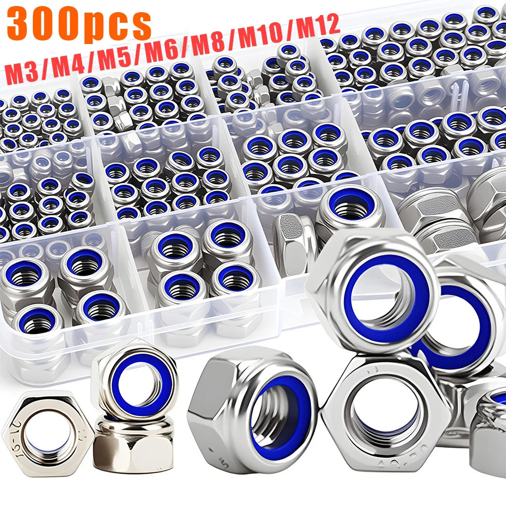 300 pezzi di dadi autobloccanti antiscivolo in nylon e acciaio inossidabile M3-M12, dadi con inserto in nylon, tappi esagonali per viti