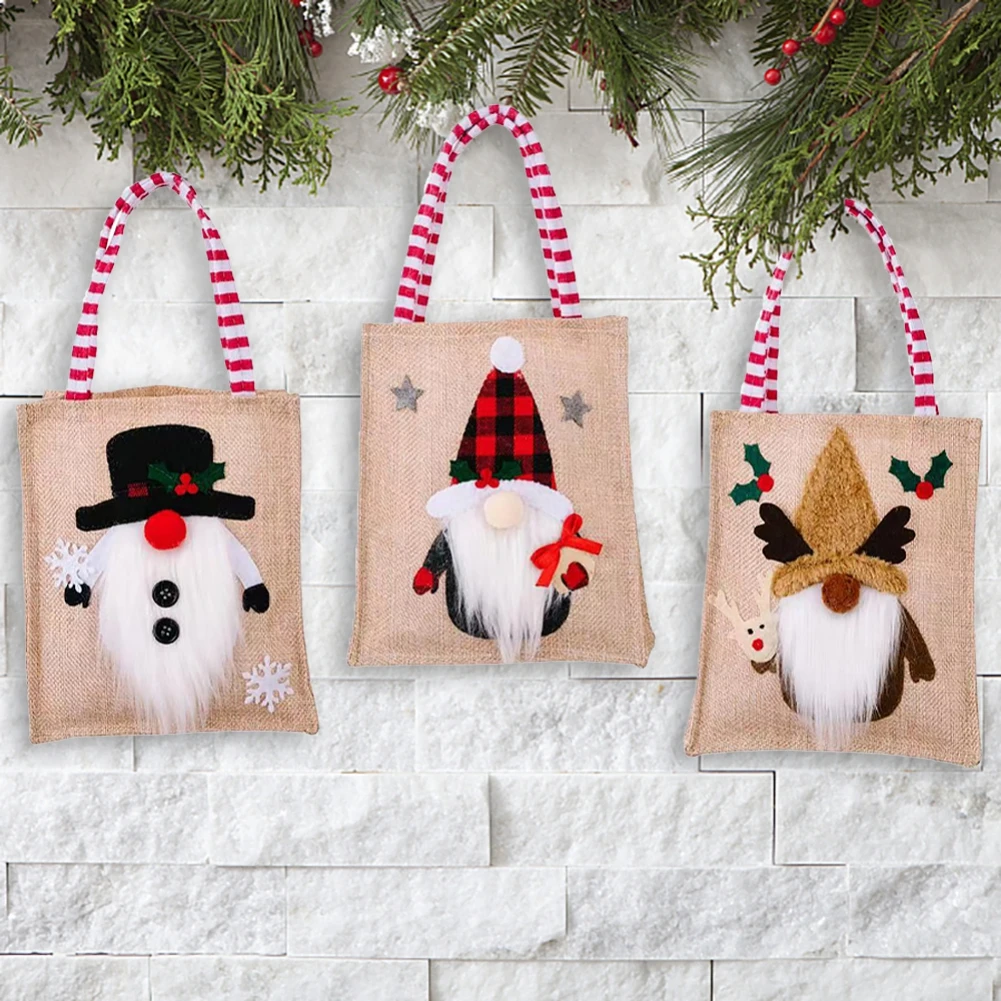 Christmas Gift Sack Cute Linen Santa Snowman Reindeer Tote Bag New Years Holiday Gift Stocking Bag Candy Bag Christmas Decor