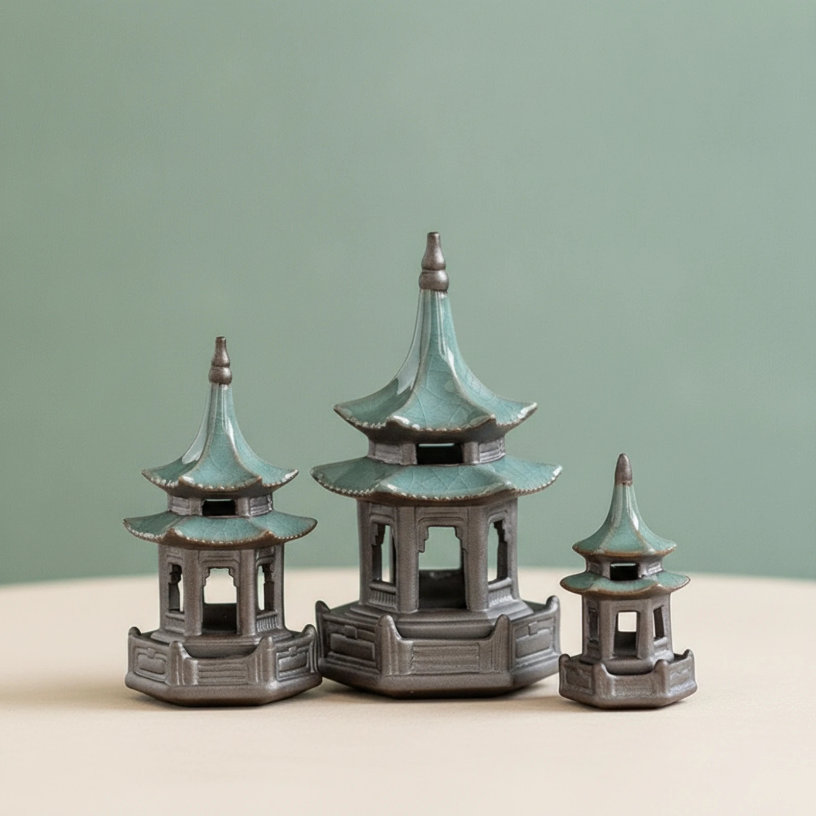 3 Pieces Hexagonal Pavilion Ornament Green Glazed Top Pagoda Roof Ornament Mini Landscape Piece Stone-Like Base