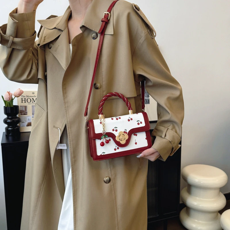 Süße Umhängetasche Mode Kirsche Drucken Top-Griff Damen Luxus Quadratische Schulter Tasche Frauen Hohe Qualität Sling Geldbörse – Detail 6