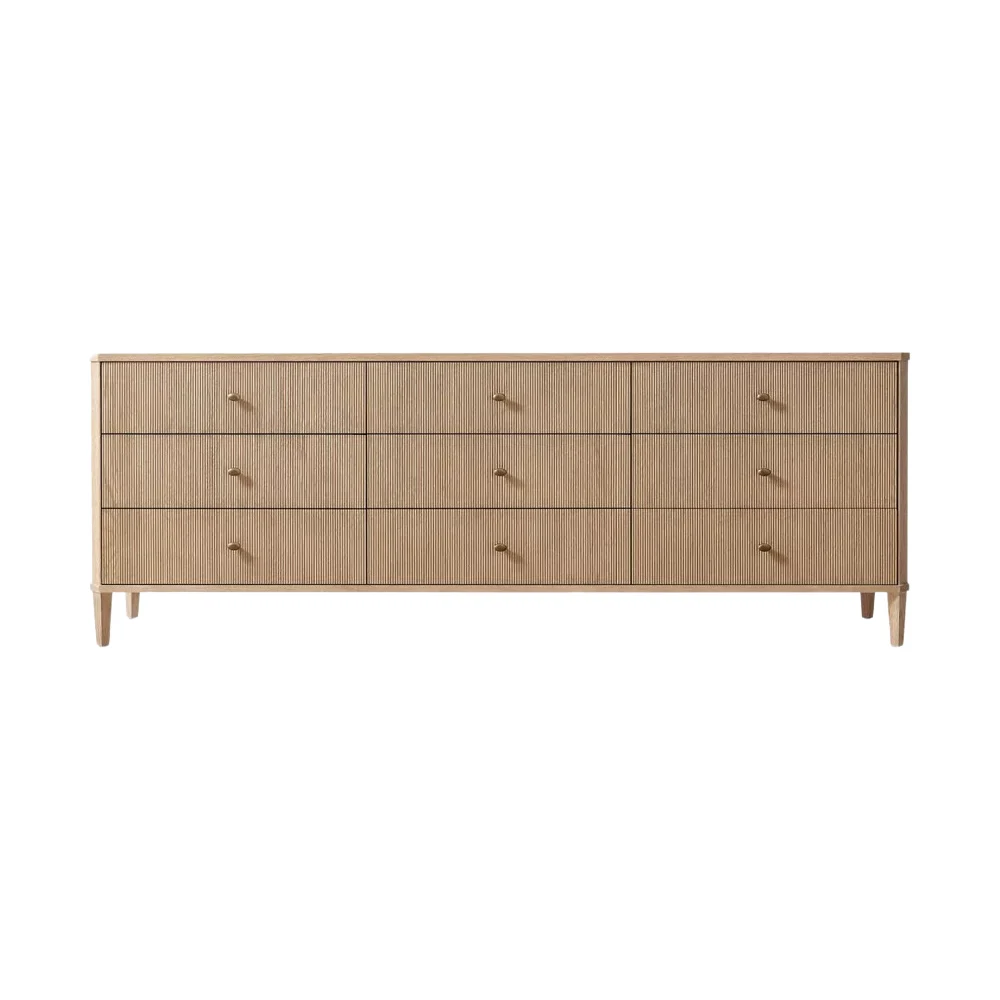 

Modern Storage Organizer Wide Wood Chest of Drawers 9 Drawer Fluted Dresser with Deep Storage