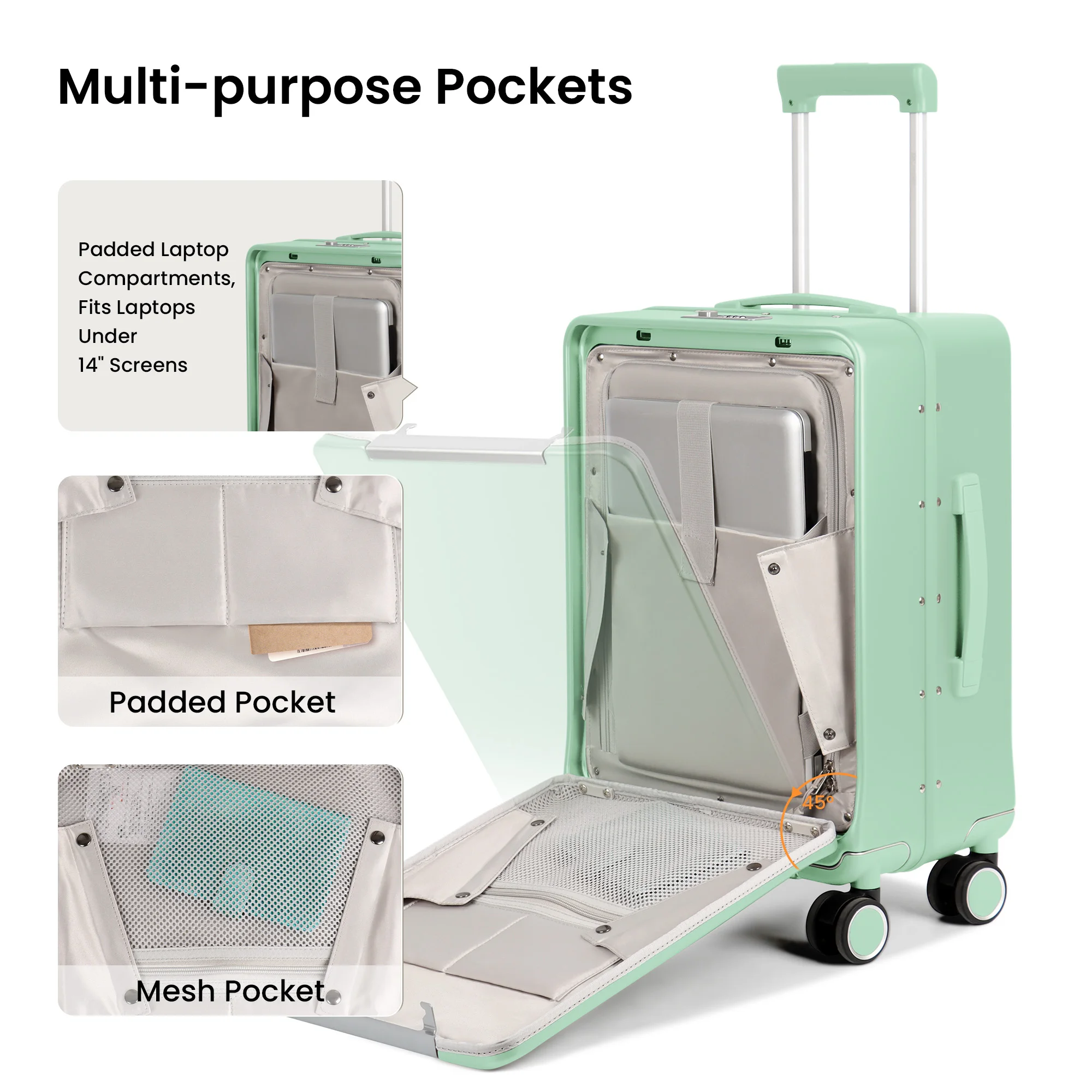 حقيبة سفر بإطار من الألومنيوم بفتحة أمامية وخفيفة الوزن مقاس 20 بوصة مع حامل أكواب وخطافات جانبية