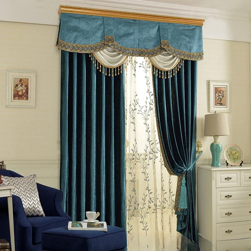 Peacock Blue Curtain for Living Dining Room Bedroom Gold Silk Velvet CurtainLuxury High-precision Curtain Finished