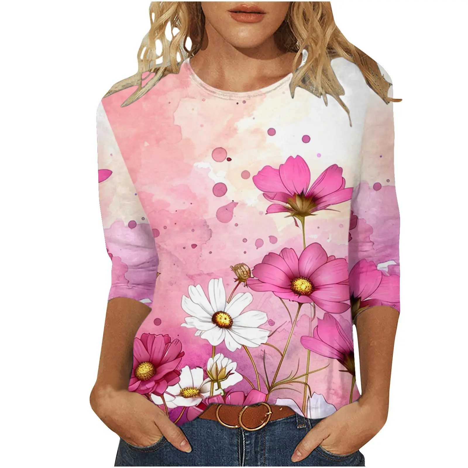 

Literary And Elegant Round Neck Seven Quarter Sleeve Fashionable Plant Pattern New Temperament Digital Printed Loose TopWA21