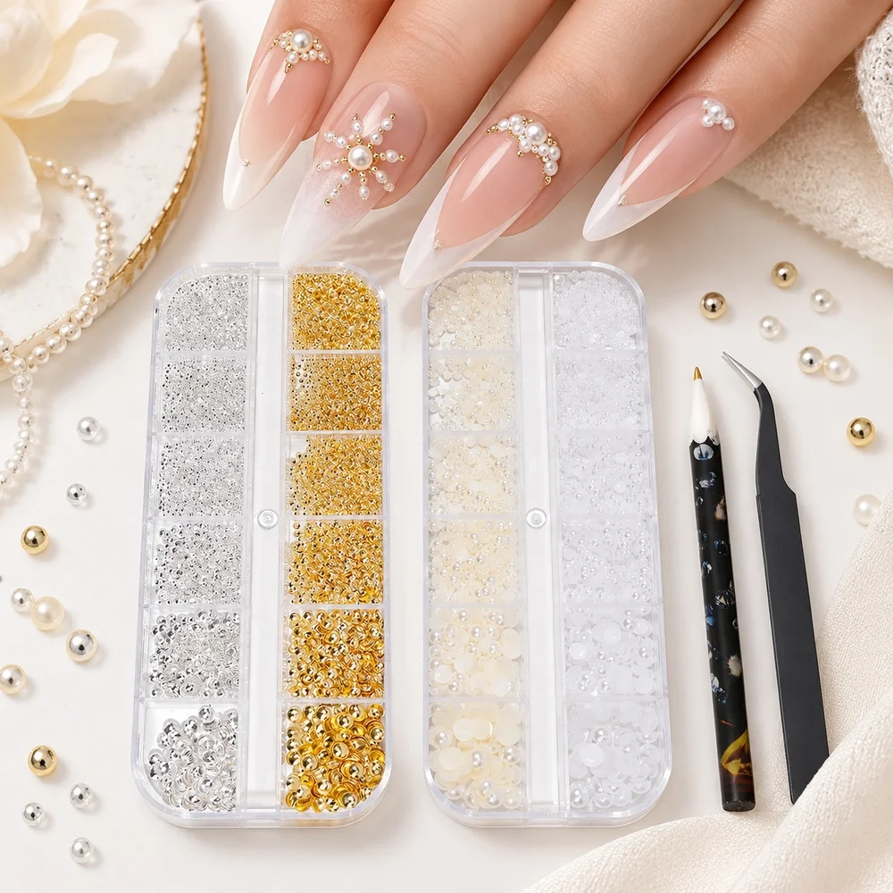 12 Grids Flat Back Mixed Nail Ornaments Half‑Pearl Metal Rice Caviar Beads Rivet Stud Multi‑Size Charms For Festival Nail Design