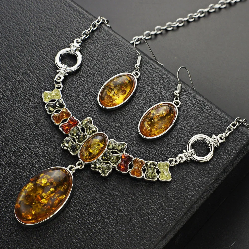 Oval Bone Shape Colorful Baltic simulated Synthetic Honey Dangle Earring Pendant Necklaces Wedding Jewelry Sets Women L41901D