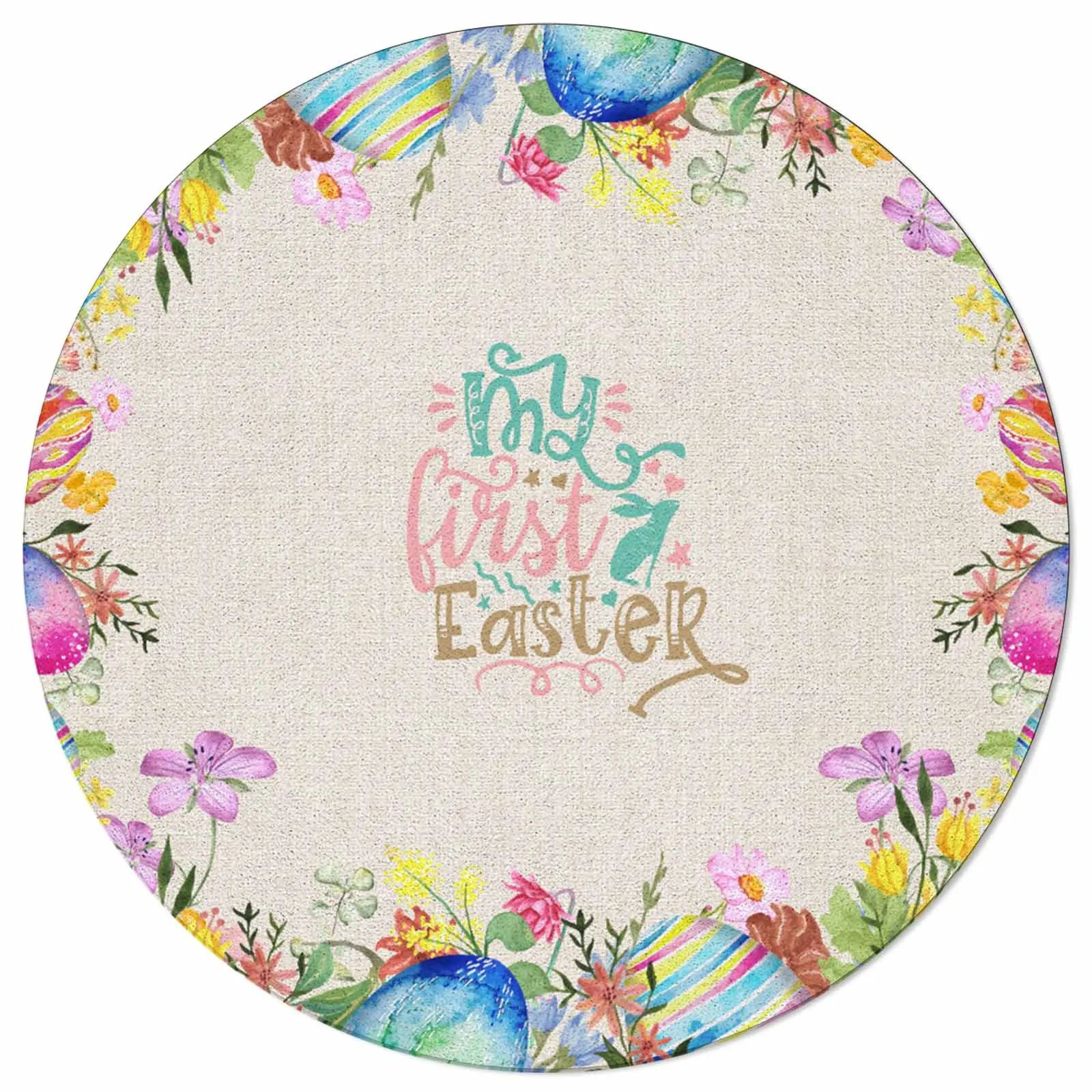 Watercolor Easter Eggs And Flowers Round Area Rug Carpets For Living Room Large Mat Home Bedroom Kid Room Decoration