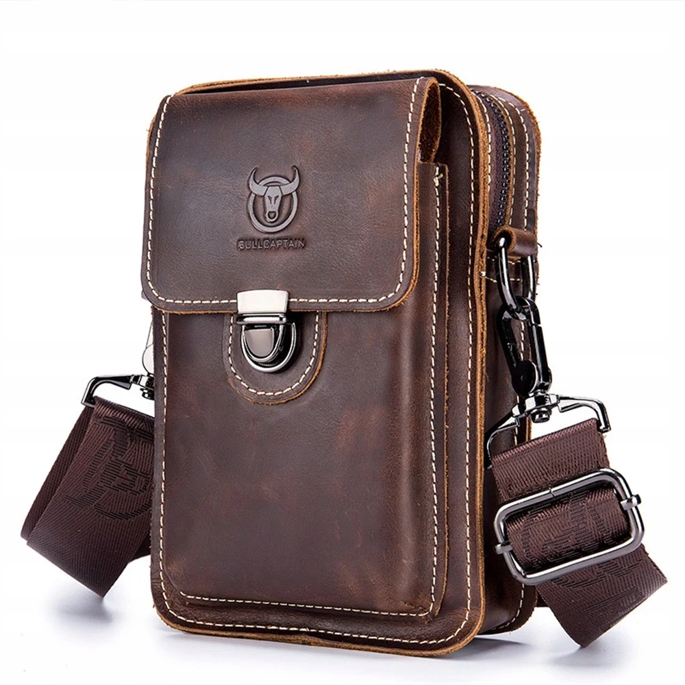 BULLCAPTAIN Sac banane en cuir Crazy Horse pour homme, pochette téléphone, sac de ceinture, petit sac bandoulière, mini sac à dos