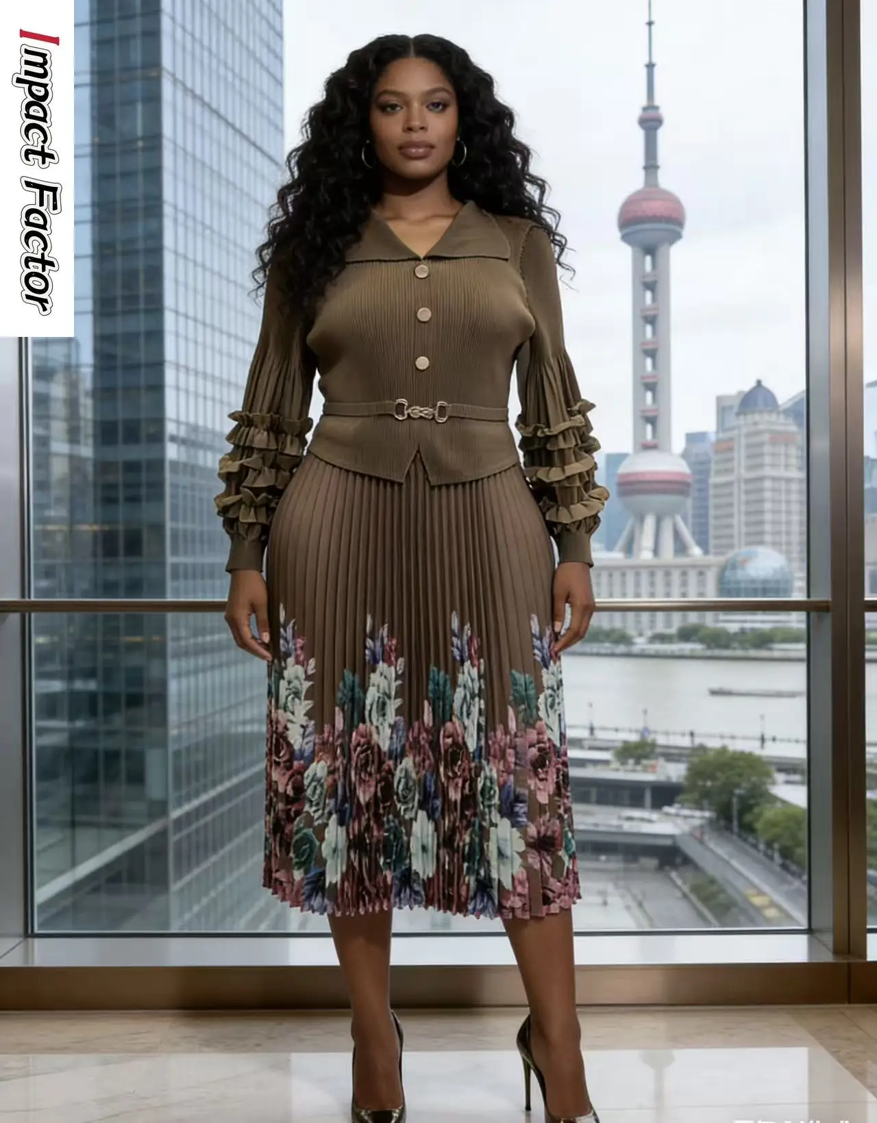 

Miyake Pleats 2026 New Printed High-end Temperament Irregular V-neck Fashionable Elegant Women's Dress