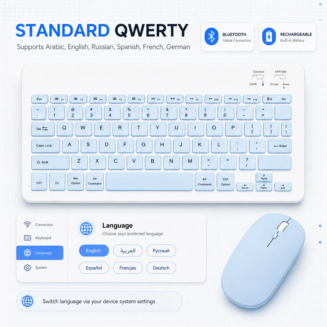 Wireless Bluetooth Keyboard Mouse for iPad Tablet Notebook Laptop Android Phone Quiet Rechargeable Slim Portable Combo