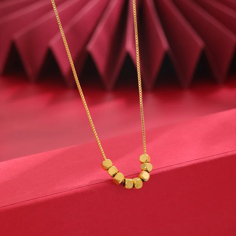 New Sugar Cube Necklace Square Lucky Bead Vietnam Gold Plated Clavicle Chain Women Minimal Design Fashion Jewelry Luck Fortune