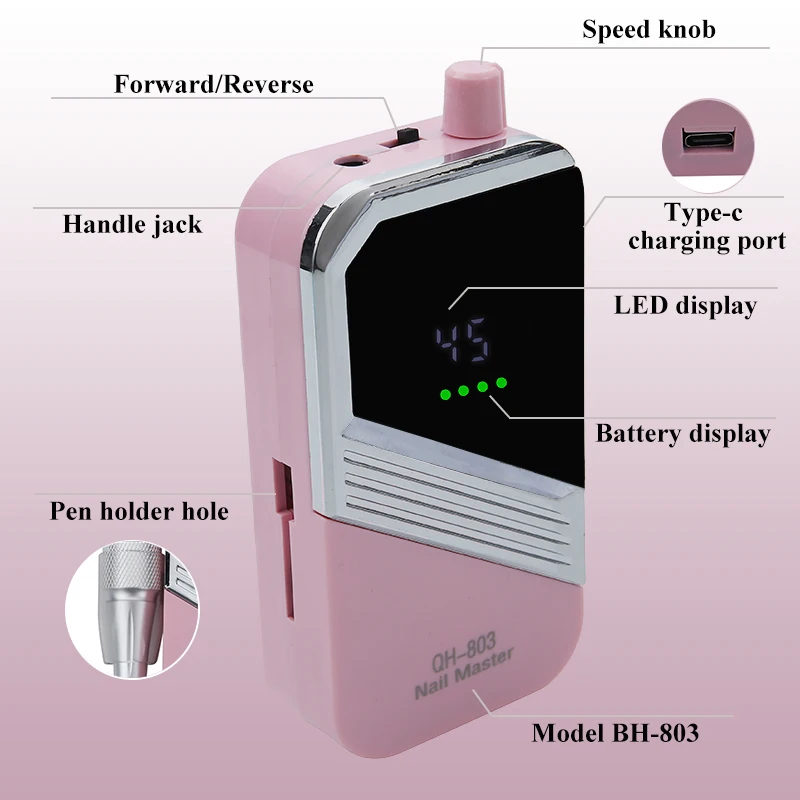 Perceuse à ongles électrique Portable professionnelle 45000 tr/min, ponceuse à ongles pour vernis Gel acrylique, outil de polissage des ongles Rechargeable