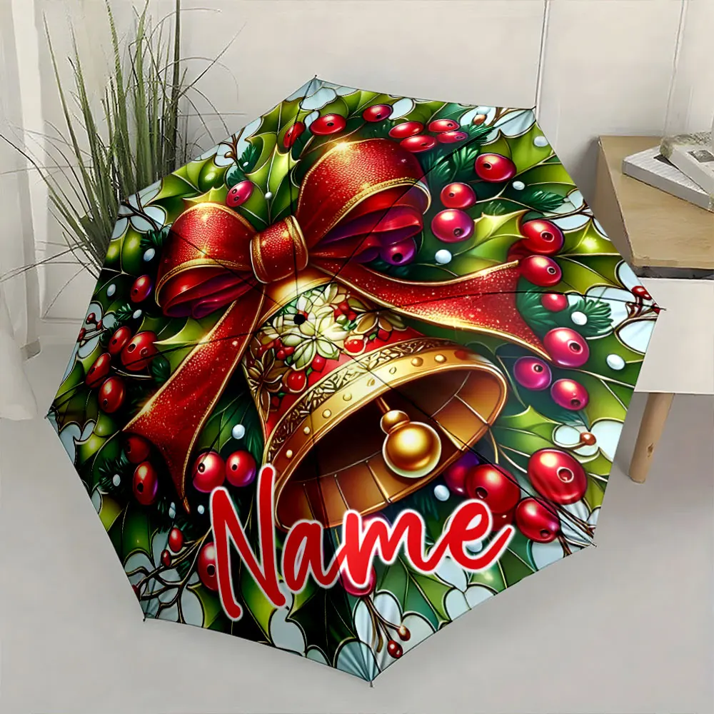 Custom Name Festive Umbrella with Bell and Red Berries Design Print 8 Iron Ribs Folding Umbrella Auto-Open Fashion Sunshade