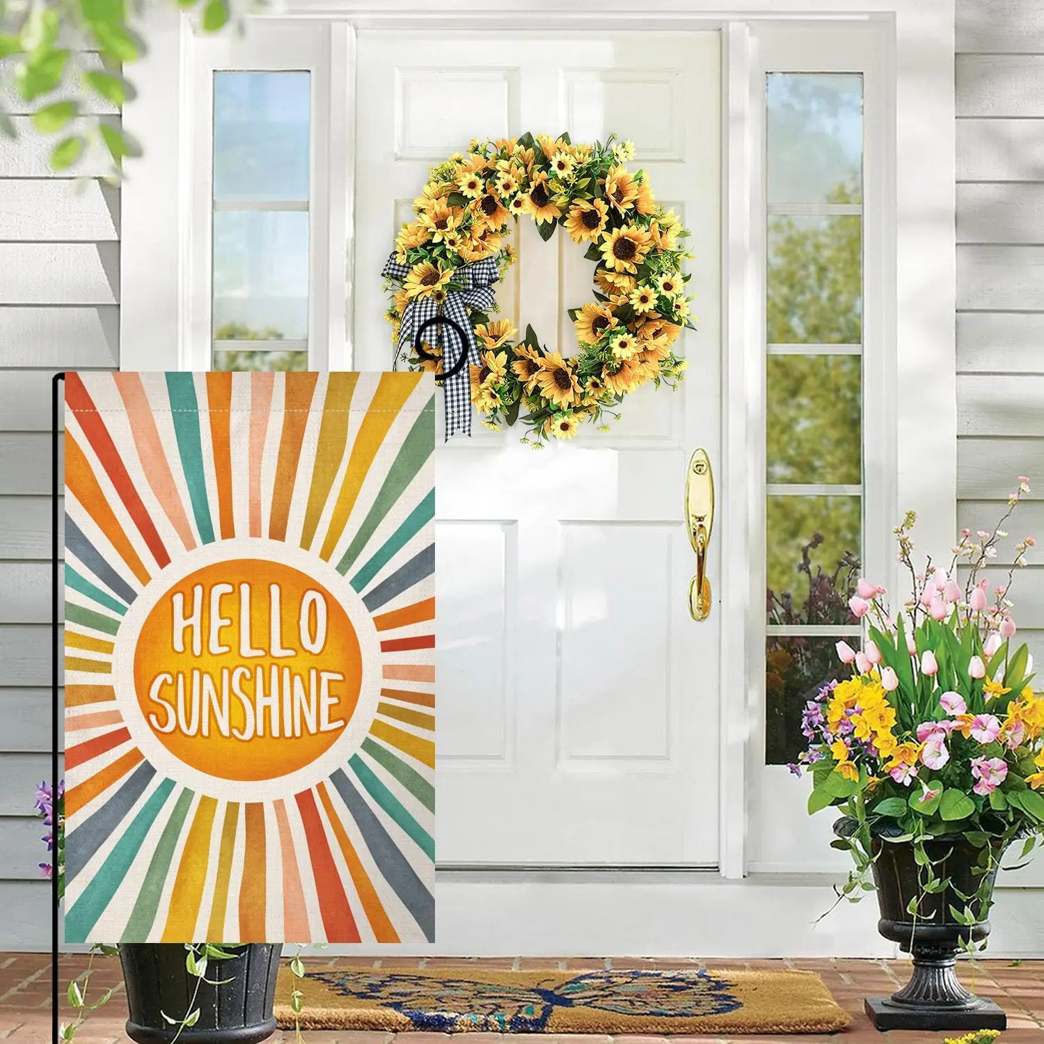 BLKWHT Hello Sunshine Summer Garden Flag 12x18 Vertical Double Sided Colorful Farmhouse Holiday Outside Decorations Burlap Yard