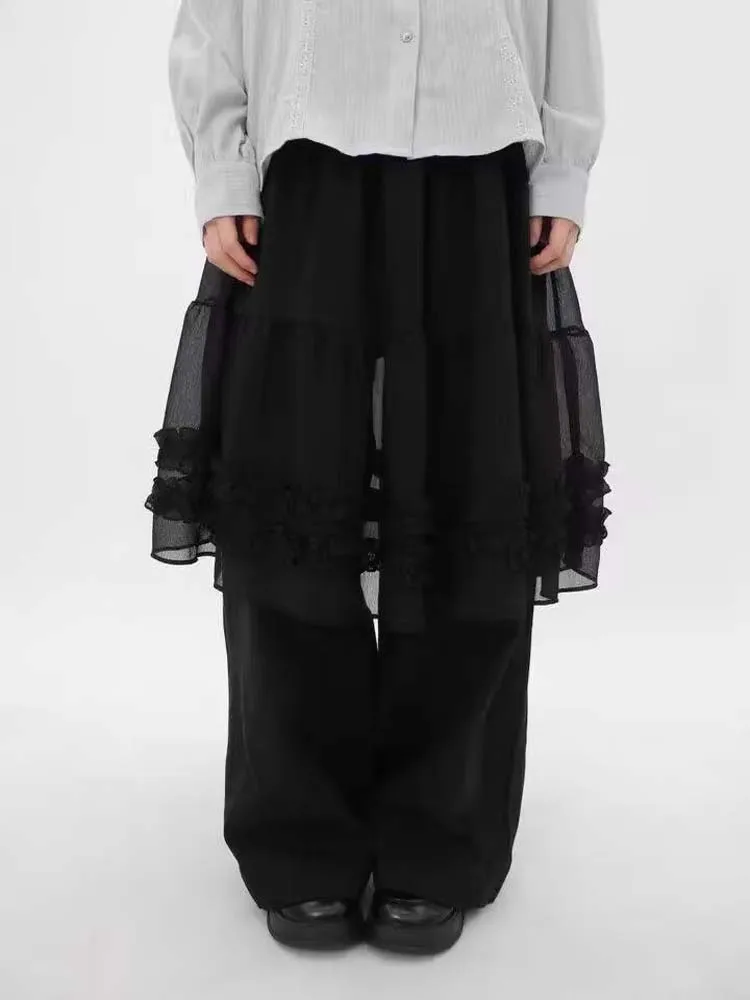Chic Summer See-through Ruffle Hem Bordered Pure Color High-waisted Midi Skirt Korean Style Ballet Flounce Layered Pleated Skirt