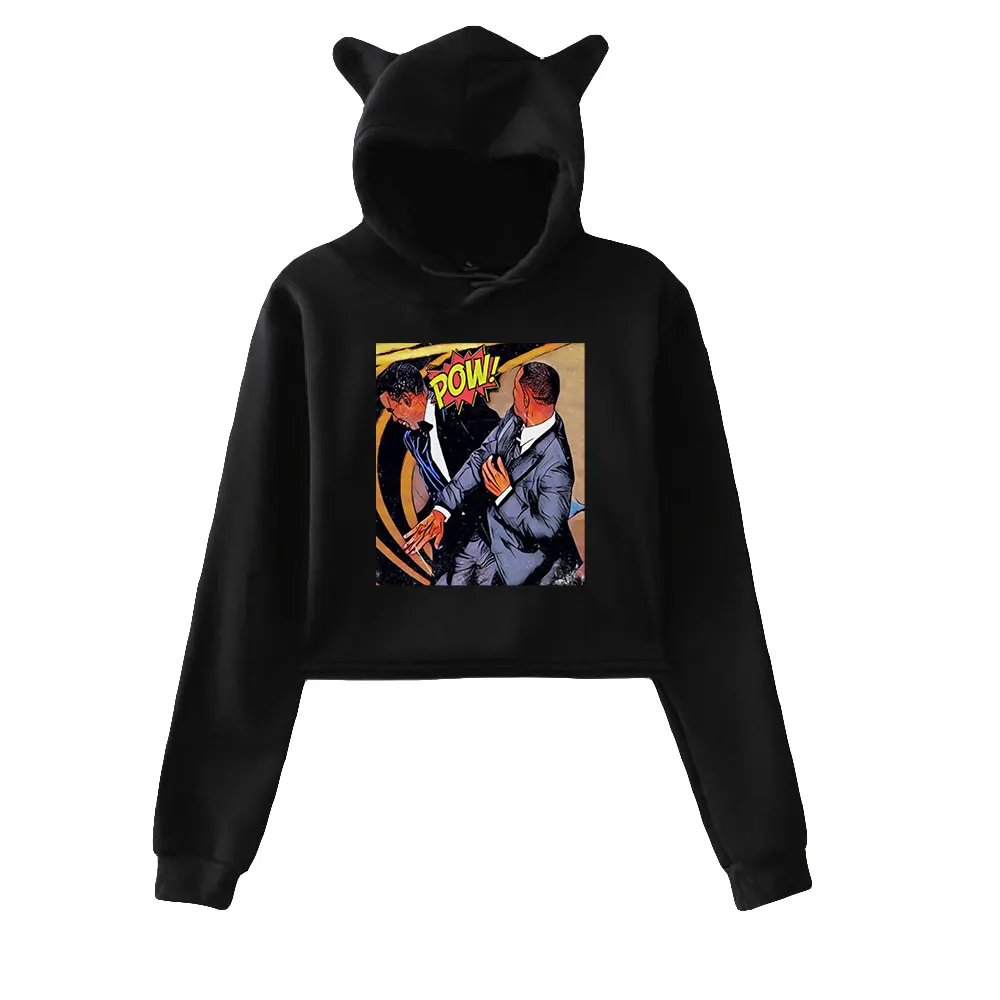 

Will Smith Chris Rock Merch Cat Cropped Hoodies Women/Girl Hooded Crop Tops Loose Sweatshirt