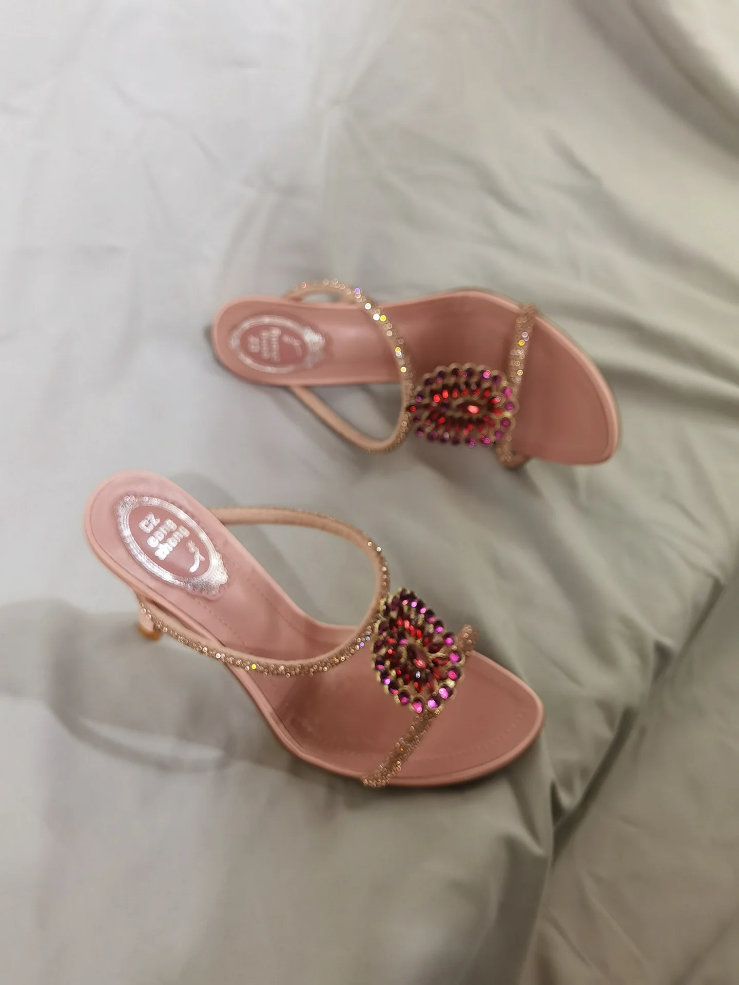 

Pink Sandals Women's 2026 New Diamond Gem Slip-On High Heel Skinny Strap Luxury Slippers Elegant One-Strap Slippers