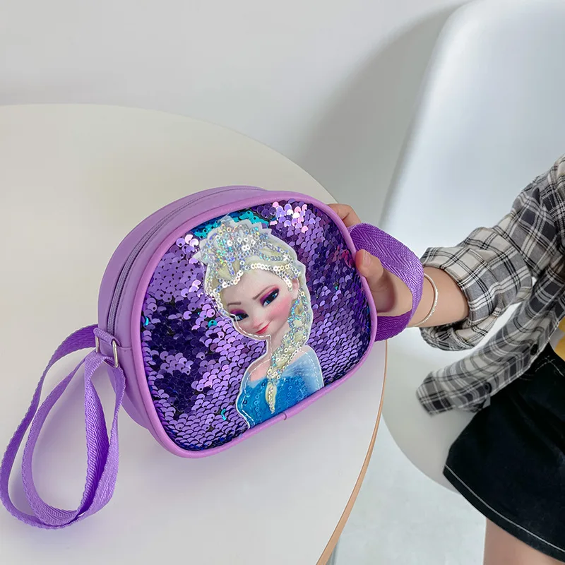 Disney Anime Frozen Messenger Bag Sequin Princess Series Crossbody Bag Children Shoulder Bag Girls Casual Fashion Handbag