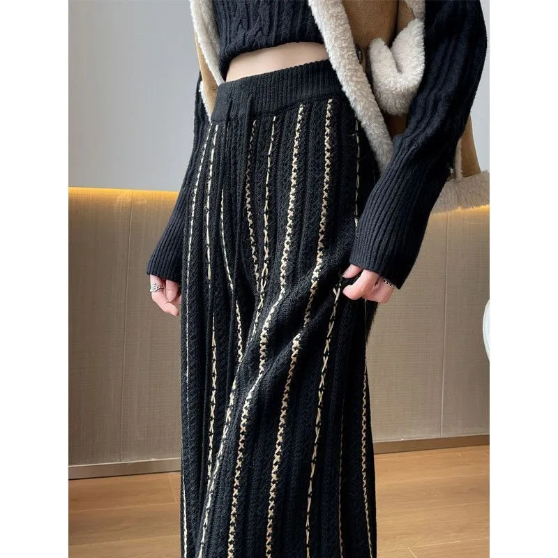 Women Retro Contrast Stripe Knit Wide Leg Pants Soft High Waist Straight Casual Trousers Autumn Luxury Style