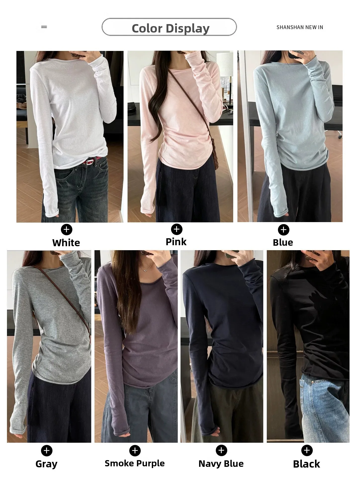 Loose Fit Long Sleeve T-Shirt Women's Early Autumn Basic Slimming Roll  Cotton American Style High Waist Moisture Wicking